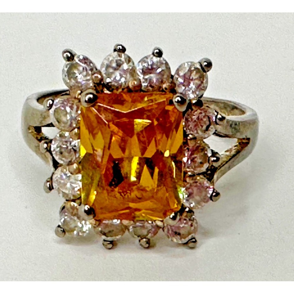 Sterling Silver Ring Cocktail Emerald Cut Orange Faceted Stone CZ Halo Sz 9